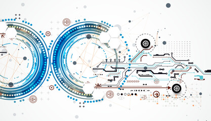 Abstract background with plexus effect. Scientific and technological concept with the use of technical elements formed in the shape of a circle.