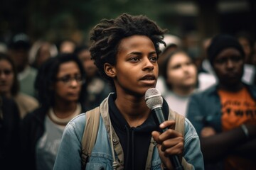 A young activist speaking at a protest or rally, with a crowd of passionate supporters in the background. Generative AI.