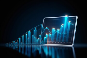 Wall Mural - Business 3d tablet virtual growth arrow financial graph on digital technology strategy background with finance data marketing chart analysis report, Generative AI