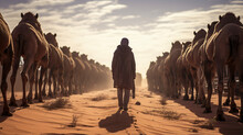 Man Standing By A Train Of Camels Resting In Sahara