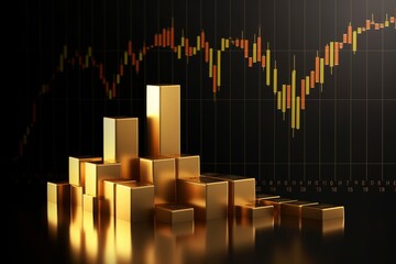 Wall Mural - Growth gold bar financial investment stock diagram on 3d profit graph background of global economy trade price business market concept or capital marketing golden banking chart exchange, Generative AI