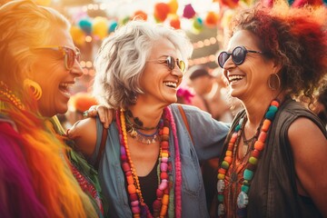 Wall Mural - a photo of three diverse middle-aged mature women in stylish funky african clothes smiling at the colorful music festival, mature friendship representation.