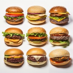 Poster - Collection of delicious burgers and cheeseburgers with lettuce, tomato, onion and sesame seed bun on white background