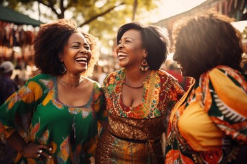 Wall Mural - a photo of three diverse middle-aged mature women in stylish funky african clothes smiling at the colorful music festival, mature friendship representation.