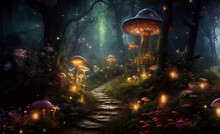 Magical Fantasy Fairy Tale Scenery, Night In A Forest. Generative Ai