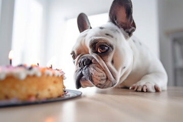 Wall Mural - Cute French Bulldog dog with birthday cake