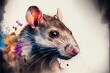 Mouse head portrait with color splash. Watercolor painting.
