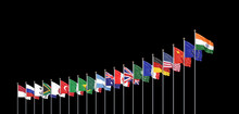 20 Flags. G20 Summit Is The Upcoming Eighteenth Meeting Of Group Of Twenty, New Delhi, India In 2023. Black Background. 3d Illustration.