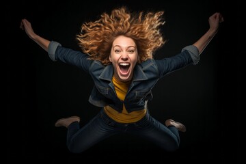 Wall Mural - Close-up portrait photography of a happy girl in her 30s jumping with joy against a matte black background. With generative AI technology