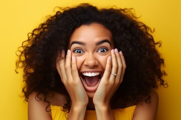 Wall Mural - Close-up portrait photography of a grinning girl in her 20s putting hands on the face in a gesture of terror against a bright yellow background. With generative AI technology