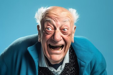 Wall Mural - Close-up portrait photography of a grinning old man making a gesture of i'm cold hugging himself against a soft blue background. With generative AI technology