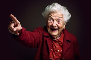 Wall Mural - Close-up portrait photography of a joyful old woman raising a finger as if having an idea against a rich maroon background. With generative AI technology