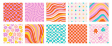 Set Of Funky Groovy Backgrounds Vector Design. Cool Abstract Colorful Patterns. Y2K Aesthetic, Flat Design, 1970 Daisy Flowers, Trippy Grid, Wavy Swirl Poster Collection In Bright Colors. 