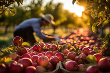 A Group Of Farmers Diligently Picking Ripe Red Apples From Trees In A Picturesque Orchard Setting 