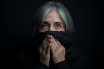 Wall Mural - Medium shot portrait photography of a glad mature woman covering his mouth against a dark grey background. With generative AI technology