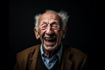 Canvas Print - Medium shot portrait photography of a satisfied old man laughing against a dark grey background. With generative AI technology