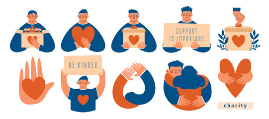 Volunteering, supporting, humanism, charity conception.Set of cute minimal clip arts with volunteers, activists, box for donation, placard, banner, persons, hands, hearts.Modern cartoon illustrations.