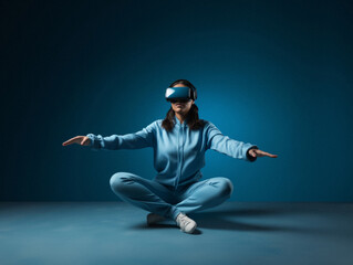 Futuristic minimal cyber neon portrait of young girl wearing VR glasses, life in virtual reality. Technological progress and the use of artificial intelligence.
