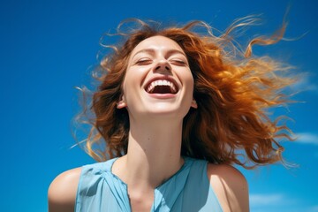 Poster - Lifestyle portrait photography of a grinning girl in her 30s laughing against a sky-blue background. With generative AI technology