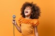 © Markus Schröder - Medium shot portrait photography of a glad kid female dancing and singing song in microphone against a pastel orange background. With generative AI technology