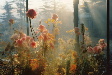 Wall Mural - Autumn landscape, brown withered nature in thick morning fog and smoke. Field flowers where the sun's rays reach. Untouched romantic nature.