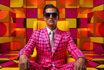 an eccentric man with sunglasses in a styling of bright, flashy colors, a combination of pink and ye