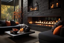 Luxury Fireplace Interior Decorate By Halloween Theme In Living Room. Generative AI