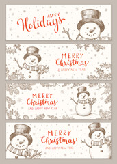 Wall Mural - Winter holidays or Christmas background with snowman and snowflakes. Winter horizontal banner design collection.
