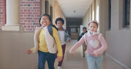 Sticker - School, running and group of children in hallway with backpack, excited for learning and education. Smile, friends and knowledge, happy young students together outside classroom with energy and fun.