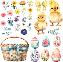 Easter Eggs And Chickens And Flowers Element Watercolor Vector Illustration