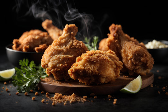 Breaded fried chicken drumsticks on dark background. Commercial promotional photo
