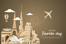 World Tourism Day Flat Vector Illustration With World's Famous Landmarks And Tourist Destinations Elements.