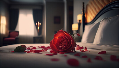 Rose on the bed in the hotel rooms. Rose and her petals on the bed for a romantic evening, red rose and candle, Ai generated image 