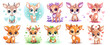 set of funny cartoon cute fawn with hearts on transparent background, generated ai