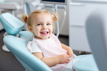 Generative AI, a small child, a baby with an open mouth sits in a chair at the dentist, dental treatment, a children's clinic, a tooth filling, a snow-white smile, healthy teeth, a patient, doctor