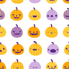 Wall Mural - Halloween pattern with cute pumpkins. Seamless vector print with stylized doodle pumpkins for kids.