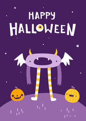 Wall Mural - halloween night poster with vampire bat and lettering. kids halloween print with cute monster and pu