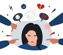 Bullying Concept. Opinion And The Pressure Of Society. Shame. Flat Vector Illustration Of Hate, Violence, Stress. Teen Girl Or Woman With A Broken Heart.