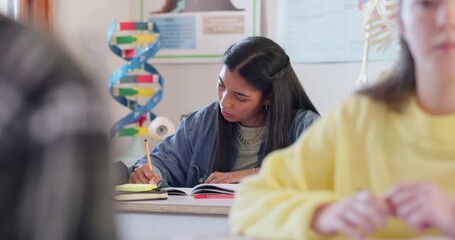 Poster - Student, girl and writing notes in high school, learning and study in classroom. Teenager, notebook and kid focus at desk on education, knowledge exercise and reading development in lesson at class