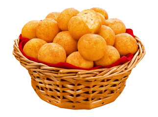 Wall Mural - cesta de palha com porção de bola de queijo crocante isolado em fundo transparente - bolinha de quei