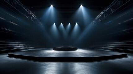 A minimalist matte black stage, floating against a void, creating a striking contrast