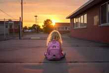 A Back View Of A Child Carrying A Backpack Alone And Waiting For Parents To Pick Them Up At A Kindergarten. Trust Concept Suitable For Family And Education.