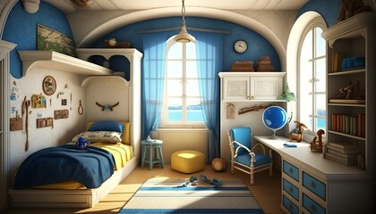 Wall Mural - Colorful mediterrean childrens room with a big window and toys