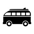 Black silhouette of touring car with surfboard on roof isolated on white. Tourist van cartoon illustration. Summer, beach holidays concept. Simple black and white vector