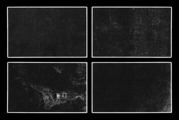 Set of Old Black Empty Aged Vintage Retro Damaged Paper Cardboard Photo Card. Blank Frame. Rough Grunge Shabby Scratched Texture. Distressed Overlay Surface for Collage
