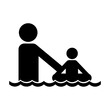 Black silhouette of father teaching child to swim on lifebuoy isolated on white. Summer activities cartoon illustration. Summer, beach holidays concept. Simple black and white vector