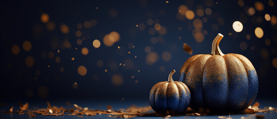 Abstract background with pumpkin Dark blue and gold particle.