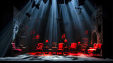 Fototapeta  - Eerie shadows cast by stage props under dim overhead lights, setting a mood of suspense