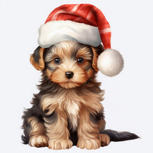 Cute Yorkshire Terrier Puppy Dog With Christmas Santa Hat On White Background