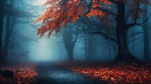 Beautiful Mystical Forest In Blue Fog In Autumn. Colorful Landscape With Enchanted Trees With Orange And Red Leaves. Scenery With Path In Dreamy Foggy Forest. Fall Colors In October. Nature Background
